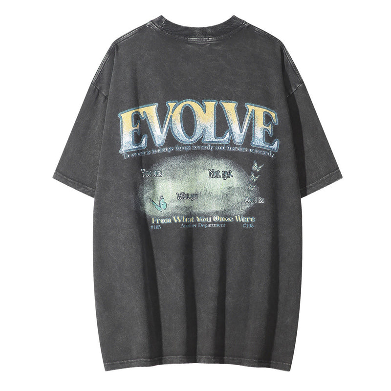 Men Vintage T-Shirt Printed Short-Sleeved T-shirt Men's Worn Looking Washed-out Casual