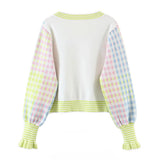 Women Sweater Knit Wear Autumn round Neck Long-Sleeved Green Plaid Single-Breasted Knitted Cardigan