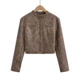 Women Leather Jacket Retro Short Slim-Fitting Biker Jacket Autumn Leather Coat Suede Jacket