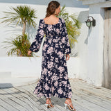 Women Date Dress Autumn Winter Sexy Long Sleeve V-neck Lantern Sleeve Backless Floral Long Tie Dress