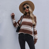 Women Knitted Sweater Autumn Leisure Loose Long Sleeve Striped Sweater