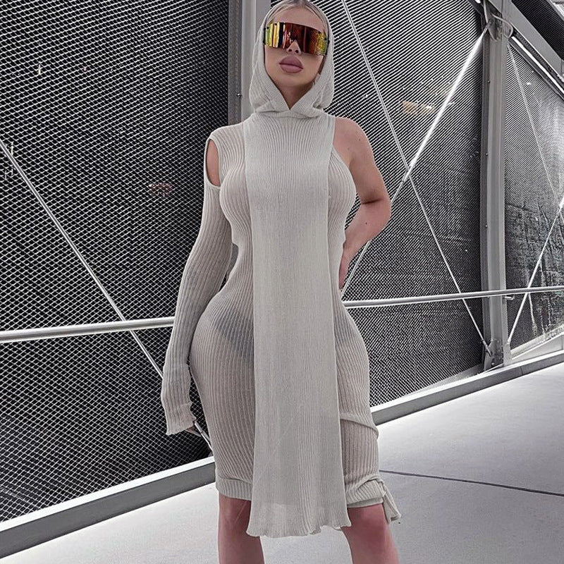 Women Dresses Autumn Shoulder Long Sleeve Hooded Dress