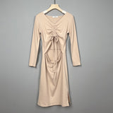 Women Dresses V-neck Pleated Drawstring Cropped Hip Skirt Long Sleeve Dress