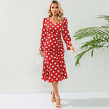 Women Date Dress Autumn and Winter Dress Sexy V-neck Polka Dot Printing Long-Sleeved Fishtail Dress