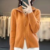 Women Knitted Cardigan Lapel Double Zipper Long Sleeve Women's Autumn and Winter Loose Knitted Coat