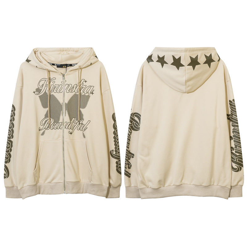 Men Hoodie Butterfly Print Hooded Cardigan Sweater