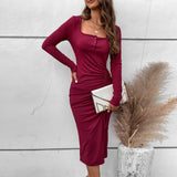 Women Dress Spring/Summer Square Collar Sheath Long Sleeve Dress