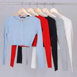 Women Sweater Knitwear Autumn Retro Crew Neck Front Row Buckle Slim Fit Short Knitted Cardigan Top