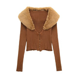 Women Sweater Knitwear Spring Style Long Sleeve Sexy Fur Collar Knitted Coat
