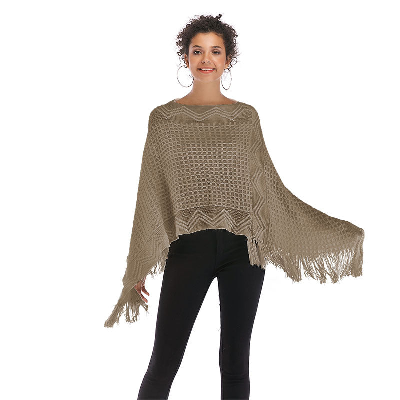 Women Knitted Sweater Knitted Cloak round Neck V-neck Warm White Cape and Shawl