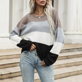 Women Knitted Sweater Autumn and Winter Leisure Fashion Colorblock Long Sleeve Sweater Outer Wear