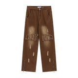 Men Jeans Embroidered Patch Distressed Trousers Vintage Straight Jeans