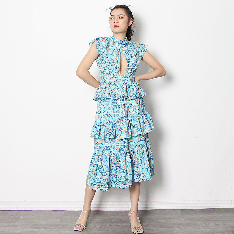 Women Dresses Summer Sexy Printed Short Sleeve Mid-Length Dress Hollow Dress (Qymy0409)