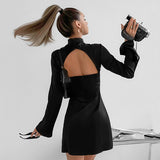 Women Dress Sexy Backless Flared Sleeve Stand Collar Dress Hip Skirt