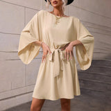 Women Dress round Neck Elastic Waistband Short Skirt Long Sleeve Dress