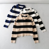 Women Sweater Knitwear Autumn and Winter Loose Striped Sweater Women's Casual Long-Sleeved Polo Top