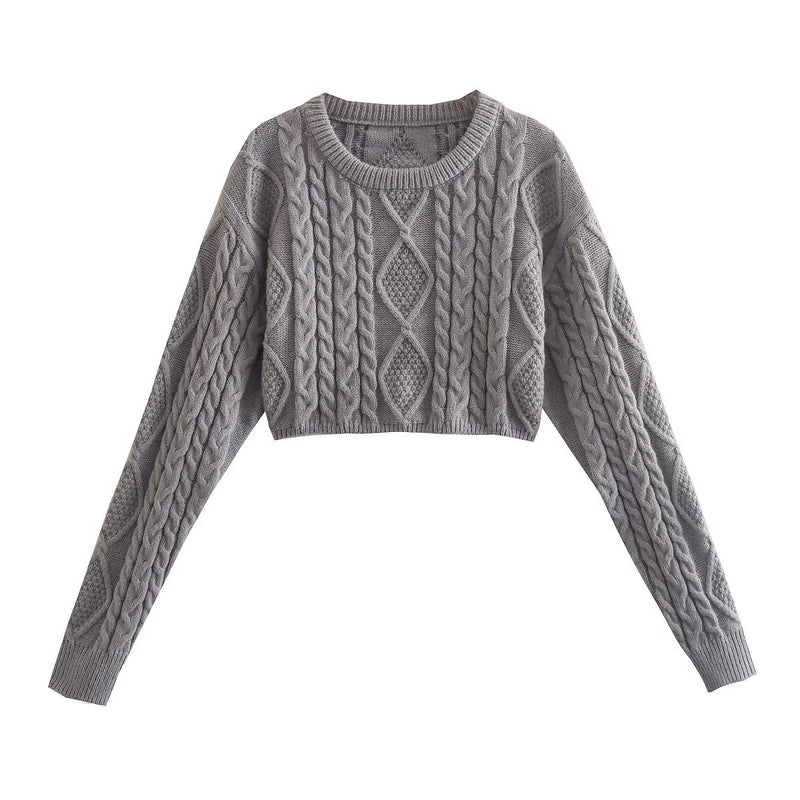 Women Sweater Knitwear Classic Style Short Cable-Knit Sweater round Neck Pullover Long Sleeve Top
