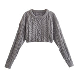 Women Sweater Knitwear Classic Style Short Cable-Knit Sweater round Neck Pullover Long Sleeve Top
