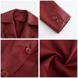 Red Leather Jacket Spring and Autumn Long Sleeve Leather Wind Coat Coat Female Lapel Single Breasted