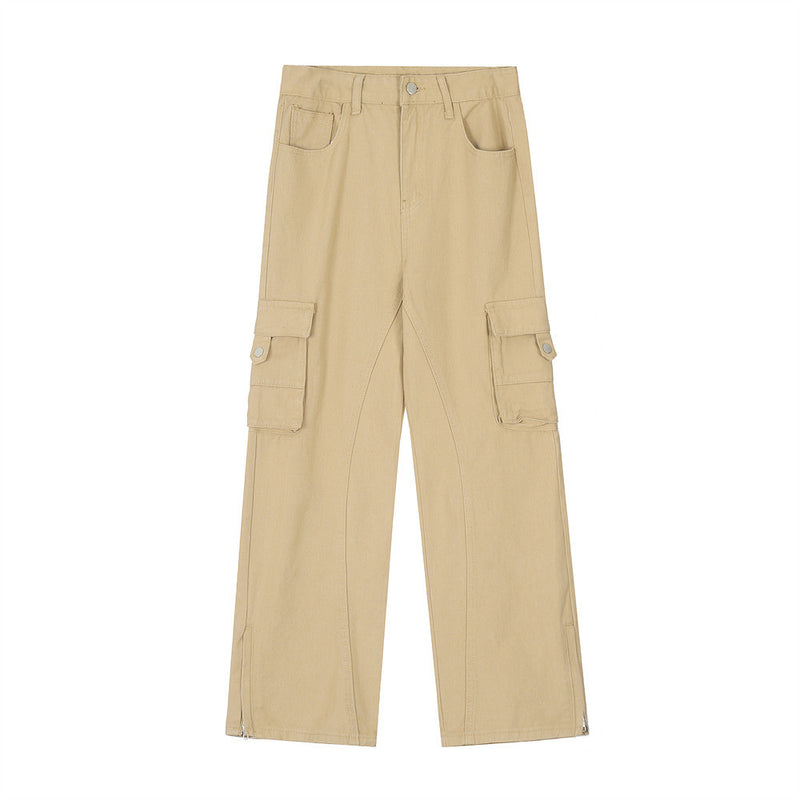 Men Sweatpants Straight-Leg Trousers Men's Loose Functional Slit Multi-Pocket Pants