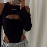 Women Jumpsuit Sexy Casual Top Long Sleeve off-the-Shoulder Printed Hollow-out Jumpsuit