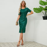Women Date Dress round Neck Vintage Sequined Tassel Evening Dress