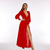 Women Dresses Sexy Slit Lantern Sleeve V-neck Dress Long Dress Evening Dress (Zns0409)