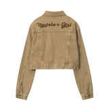 Women Jacket Color Diamond Inlaid Short Denim Jacket Lapel Embroidery Long Sleeve Jacket