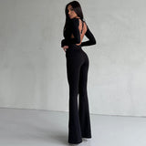 Women Jumpsuit Spring Sexy Backless Lace up Slim Fit Long Sleeve Jumpsuit