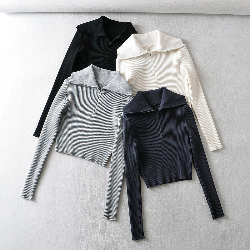 Women Sweater Knitwear Lapel Slim-Fit Underwear Sweater Autumn Winter Retro Half Zipper Casual Pullover