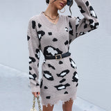 Women Knitted Sweater Autumn Knitted Long Sleeve V-neck Shabby Leopard Print Woolen Skirt