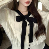 Women Knitwear Autumn and Winter Bow Twist O-neck Short Sweaters Cardigan
