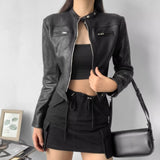 Women Leather Jacket Retro Short Slim-Fitting Biker Jacket Autumn Leather Coat Suede Jacket