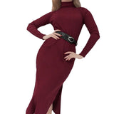 Women Dress Wine Red Slim Fit Sexy Slit Dress