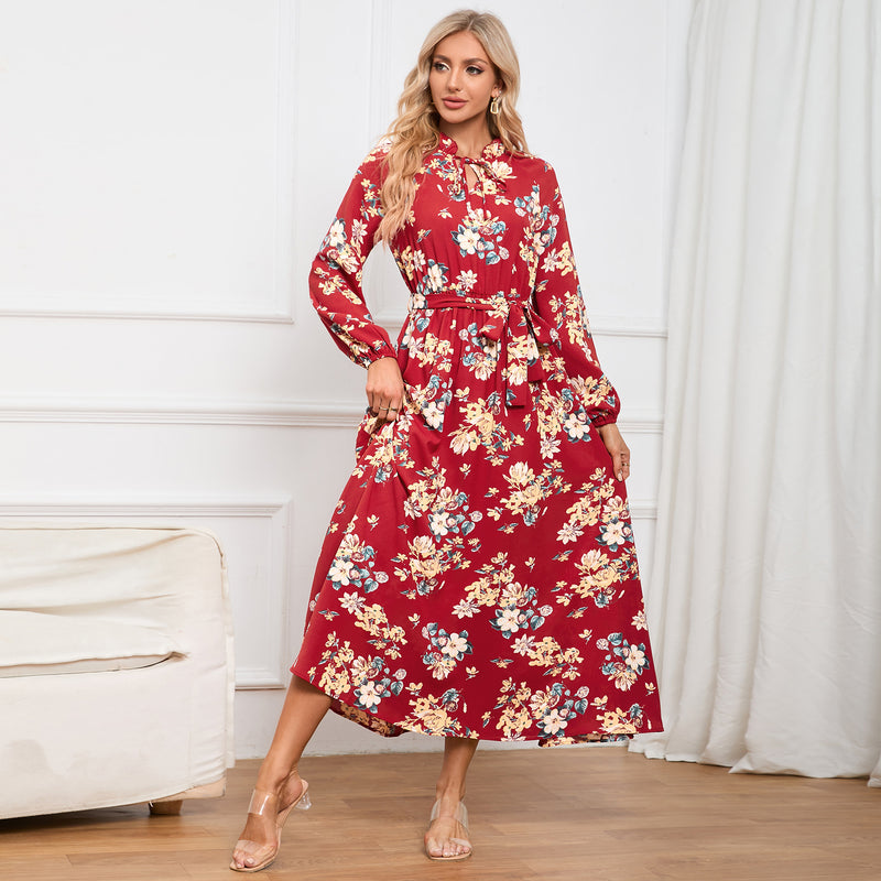 Women Date Dress Autumn Long Sleeve Lace Stand Collar Belt Long Dress