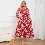 Women Date Dress Autumn Long Sleeve Lace Stand Collar Belt Long Dress