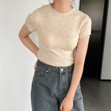 Women Knitted T-shirt round Neck Short Sleeve T-shirt Slim Fit Sweater