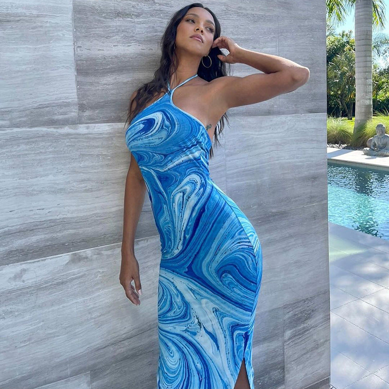 Women Dresses Spring Boho Sexy Suspenders Backless Print Dress