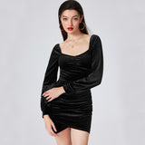 Women Dress Long Sleeve Puff Sleeve Sexy Velvet Party Dress