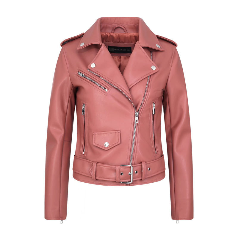 Women Leather Jacket Spring Solid Color Polo Collar Leather Coat