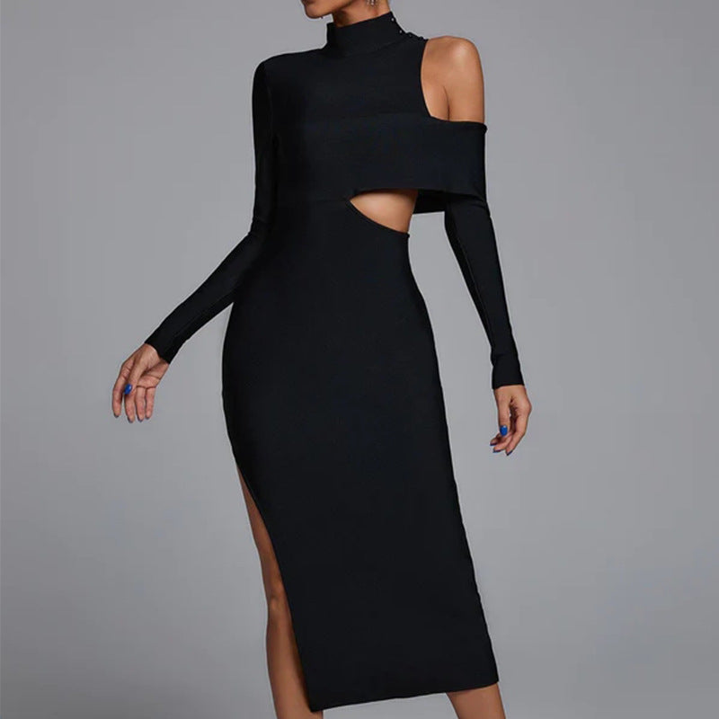 Women's Evening Dress Long Sleeve Turtleneck off-the-Shoulder Long Dress Bandage One-Piece Dress