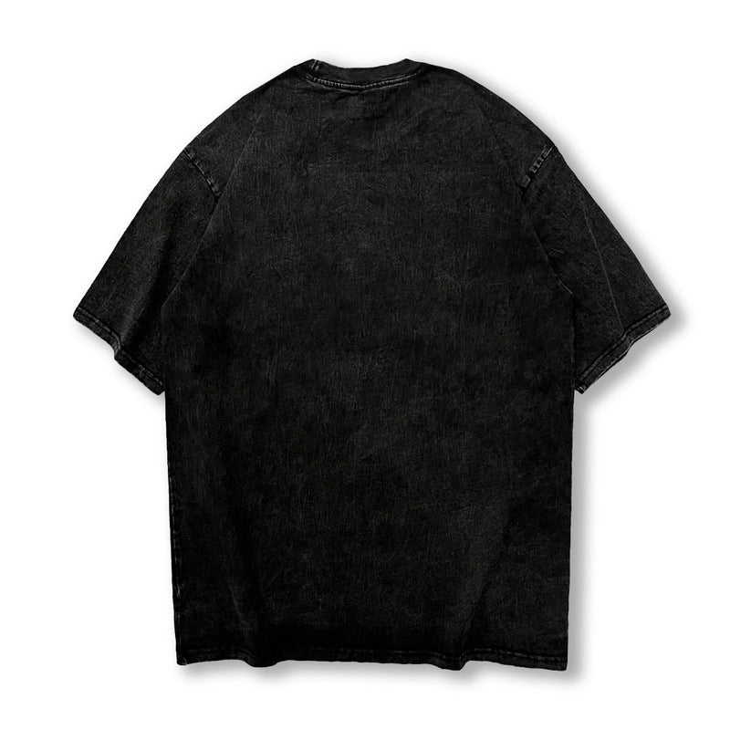Men T Shirt Portrait Printing Washed and Worn Short Sleeve T-shirt