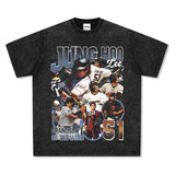 Mens Vintage baseball T-Shirt Jung Hoo Lee Printed Short Sleeve T-Shirt Vintage Wash Loose Casual