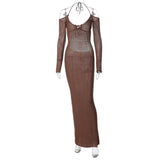 Women Dresses Spring Sexy Backless Lace up Slim Fit Hollow out Long Sleeve Dress
