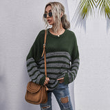 Women Knitted Sweater Autumn Loose Striped round Neck Mid-Length Long Sleeve Bottoming Sweater