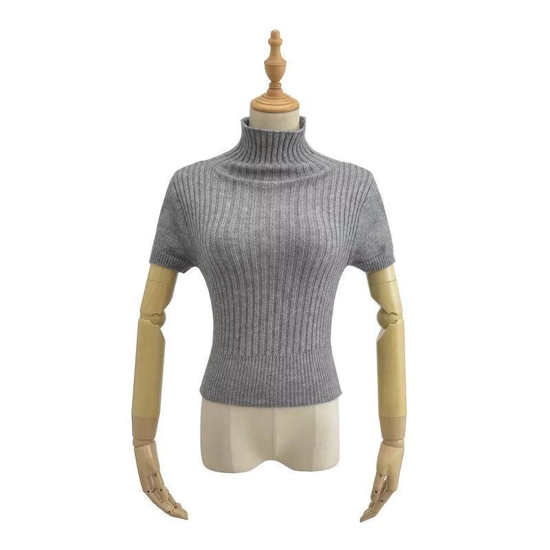 Women Sweater Knitwear Turtleneck Knitting Short Sleeve Sexy Tight Knitted Top