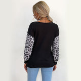 Women Knitted Sweater Crew Neck Long Sleeve Stitching Leopard Print Black Sweater