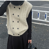 Women Knitted Cardigan Spring Vintage Hemp Pattern Double Breasted Sleeveless Knitted Cardigan