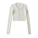 Women Sweater Knitwear Autumn and Winter round Neck Vertical Stripes Knitted Short Top Zipper Sweater