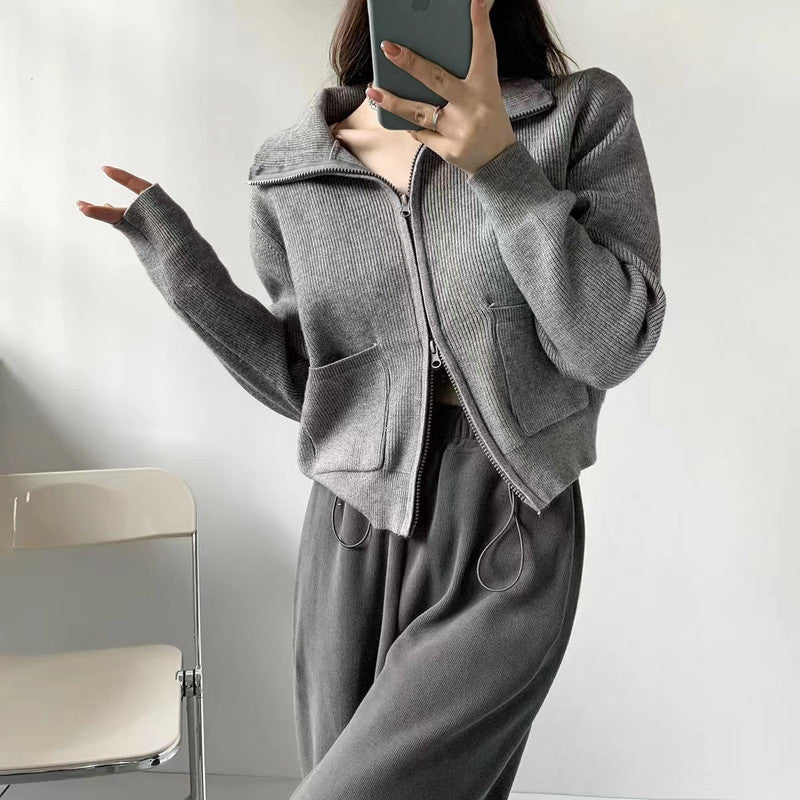 Women Knitwear Autumn Winter Retro Zipper and Lapel Sweaters Cardigan